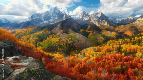 A panoramic autumn scene with rugged mountain peaks towering over a colorful tapestry of deciduous forests in full fall splendor.