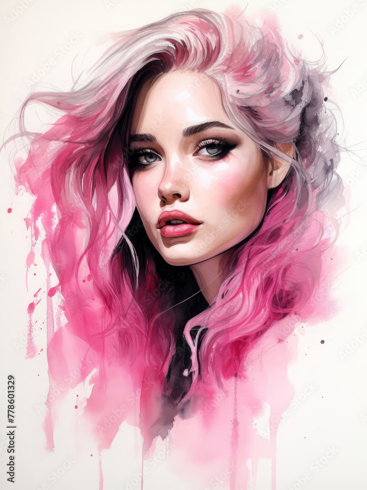 Fototapeta premium Watercolor elegant lady fashion illustration in pink colors, wide brimmed hat girl with makeup. Young and beautiful woman illustration for poster, print, fashion concept.