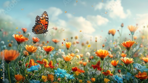 Selective focus shot of geranium butterfly with open wings on chamomile  ,Generative ai, Generative, Ai