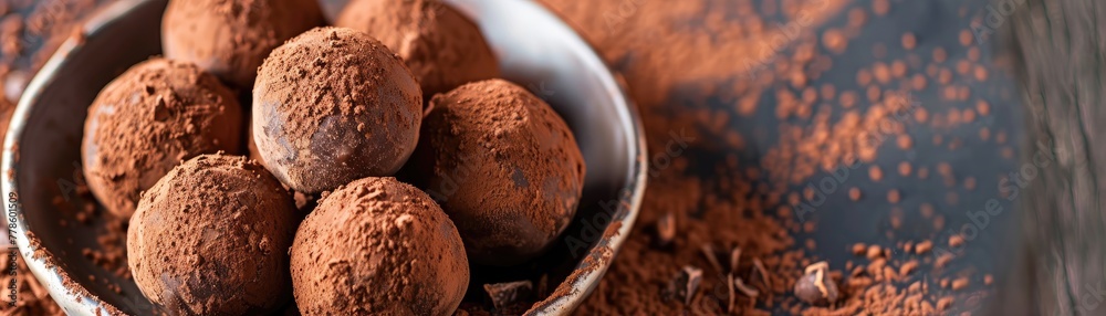 Handcrafted chocolate truffles dusted with cocoa powder on a velvet background Handcrafted chocolate truffles dusted with cocoa powder on a velvet background