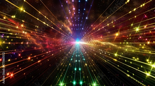 A panoramic disco party atmosphere captured in a banner, showcasing a dazzling array of multicolored laser beams converging in the center.