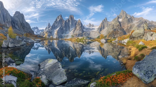 A panoramic landscape showcasing a tranquil mountain lake surrounded by towering peaks, reflecting the peacefulness of outdoor nature adventures. © Muhammad