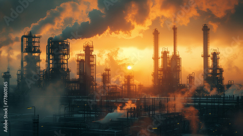 The sun sets behind an oil refinery  creating a striking silhouette against a dramatic orange sky  with plumes of smoke adding to the industrial scene.