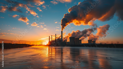 A captivating sunset paints the sky as the backdrop to an industrial power station, with smokestacks emitting plumes against the fading light.