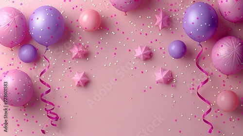 Top view photo of birthday composition with pink and violet ribbon stars serpentine paper plates balloons and confetti on isolated pastel pink background with copyspace  ,Generative ai, 