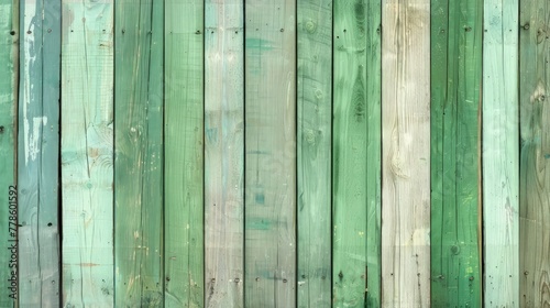 A panoramic perspective of an abstract wooden wall, with each plank painted in a different shade of green, creating a harmonious and textured background.