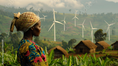 A woman in colorful traditional clothing gazes out at a landscape dotted with wind turbines, a fusion of tradition and modern renewable energy solutions.