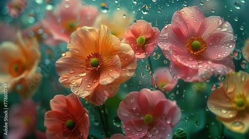 View of flowers behind transparent glass with water drops  ,Generative ai, 