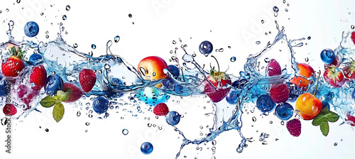 Fototapeta Naklejka Na Ścianę i Meble -  Vibrant water splash with fruits and berries on white background