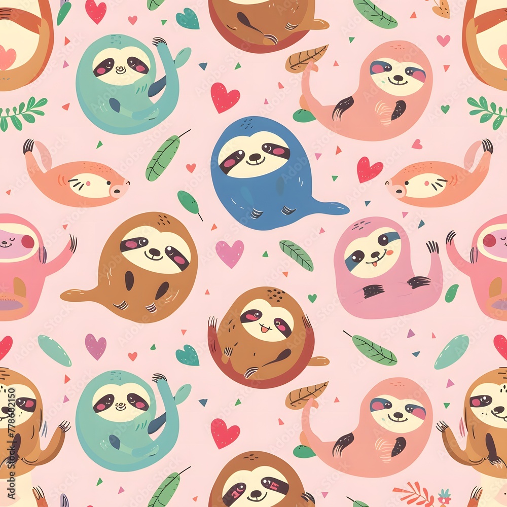 Fototapeta premium Cute cartoon sloth pattern on a pink background with turquoise and green accents