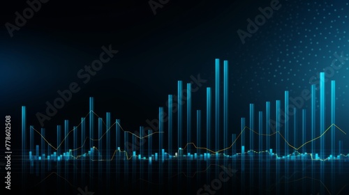  High quality, high resolution stock market graph on blue background with bokeh lights. Abstract financial business concept for wallpaper or web design in dark style. High detail, sharp focus, profess