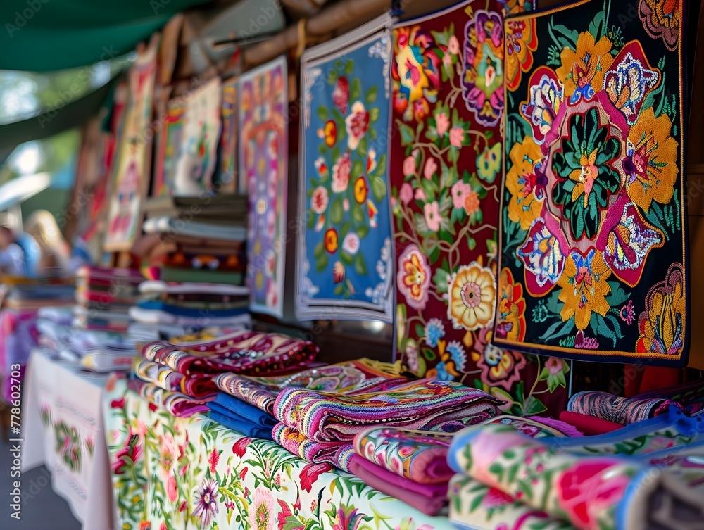 the Hungarian Kalocsa embroidery, a vibrant spring fair, where folk art is proudly displayed in all its splendor,  traditional Kalocsa motifs, such as floral patterns and intricate geometric designs