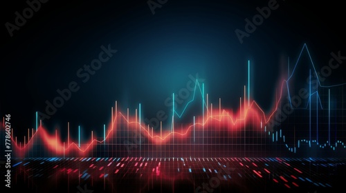  High quality, high resolution stock market graph on blue background with bokeh lights. Abstract financial business concept for wallpaper or web design in dark style. High detail, sharp focus, profess