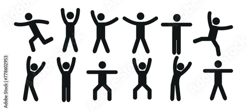 collection of stick man figures, pictographs, man standing, running, stick figures of different poses, a set of different human silhouettes, simple icons, human body gestures isolated on a white backg