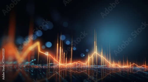  High quality, high resolution stock market graph on blue background with bokeh lights. Abstract financial business concept for wallpaper or web design in dark style. High detail, sharp focus, profess