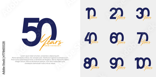 anniversary logotype vector design set with handwriting, blue and orange color can be use for special day