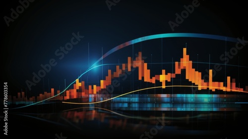  High quality  high resolution stock market graph on blue background with bokeh lights. Abstract financial business concept for wallpaper or web design in dark style. High detail  sharp focus  profess