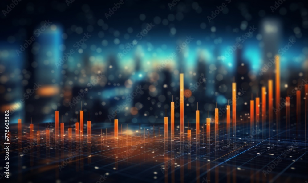  High quality, high resolution stock market graph on blue background with bokeh lights. Abstract financial business concept for wallpaper or web design in dark style. High detail, sharp focus, profess