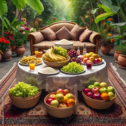 five kg rice or baryane tabale on the nodal in five plats five chair one house in the sofa sat eid day cpachei dabal bed in the garden inone table on the a basket full of the grapes, apple , ctarbe an photo