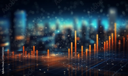  High quality, high resolution stock market graph on blue background with bokeh lights. Abstract financial business concept for wallpaper or web design in dark style. High detail, sharp focus, profess