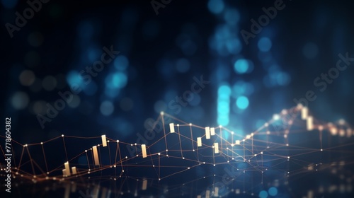  High quality, high resolution stock market graph on blue background with bokeh lights. Abstract financial business concept for wallpaper or web design in dark style. High detail, sharp focus, profess photo
