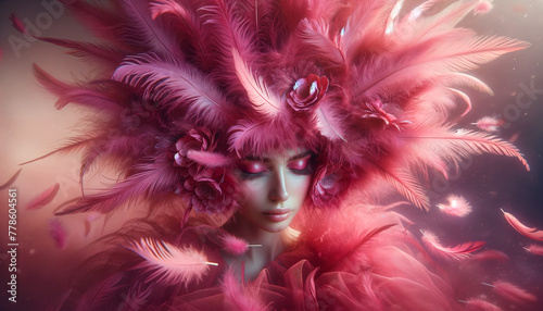 An artistic portrait of a person adorned with an extravagant headdress made entirely of vibrant pink feathers