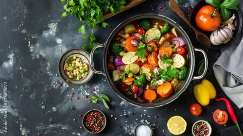 Vibrant veggie hotpot a celebration of plant-based ingredients in a sophisticated photo