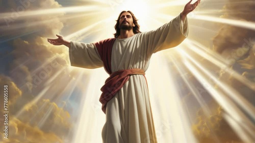 Animated Depiction of Jesus Ascending to Heaven in Radiant Light