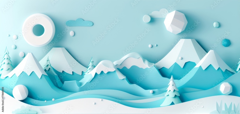 Abstract Geometric Winter Landscape in Paper Art.