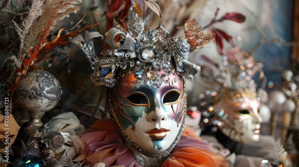 A scene of colorful Venetian carnival masks adorned with crystals and elaborate decorations, capturing the essence of the Italian festival.
