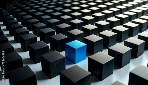 An array of three-dimensional black cubes arranged neatly on a white surface  among these cubes  one in the center is painted a bright  electric blue  - Generative AI