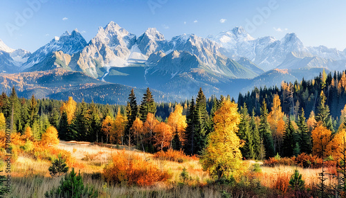 A scenic autumn landscape with vibrant fall colors, snow-capped mountain peaks, and a clear blue sky in the background.