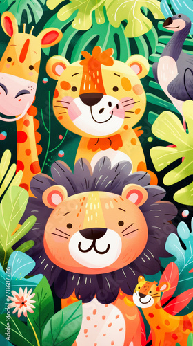 Colorful illustration of cute jungle animals  including a lion  tiger  giraffe  and ostrich  surrounded by lush green foliage.