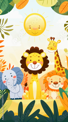 Colorful  cheerful illustration of jungle animals   lion  giraffe  elephant  tiger   with a smiling sun in a vibrant  leafy backdrop.
