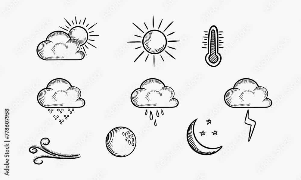 Set of vintage weather icons Hand drawn vector illustration - obrazy, fototapety, plakaty 