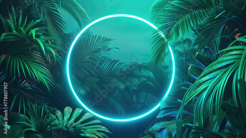 Green and Blue Neon Light with Tropical Leaves Generative AI © Pavithiran