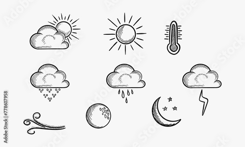 Set of vintage weather icons Hand drawn vector illustration