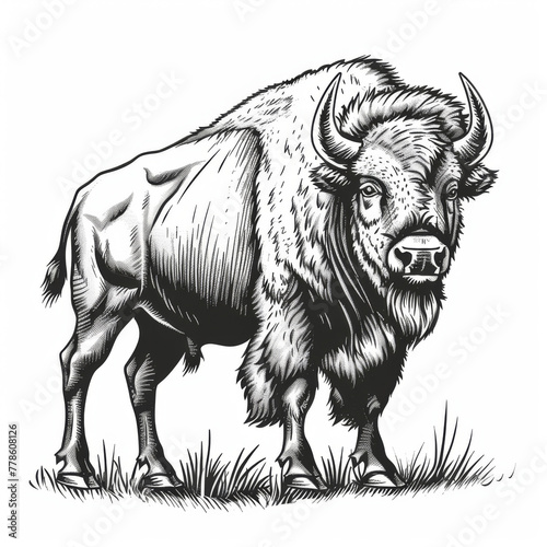 Black and white illustration of a bison in a detailed engraving style, evoking a classic, vintage feel.