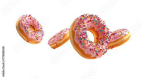 S icingcovered donuts with colorful sprinkles flying in the air isolated on white background photo