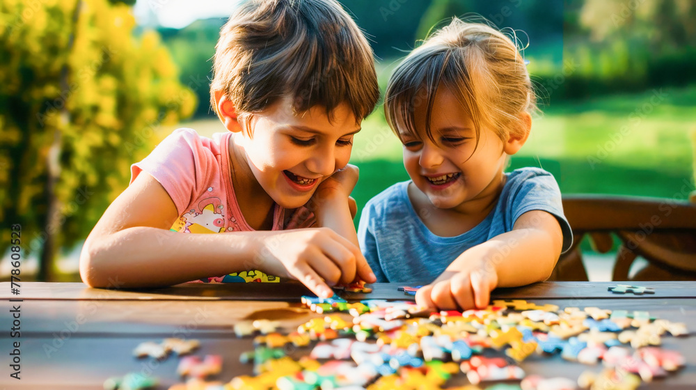 Fototapeta premium Two children smiling and assembling a puzzle together at a wooden table outdoors, depicting enjoyment and sibling bonding.
