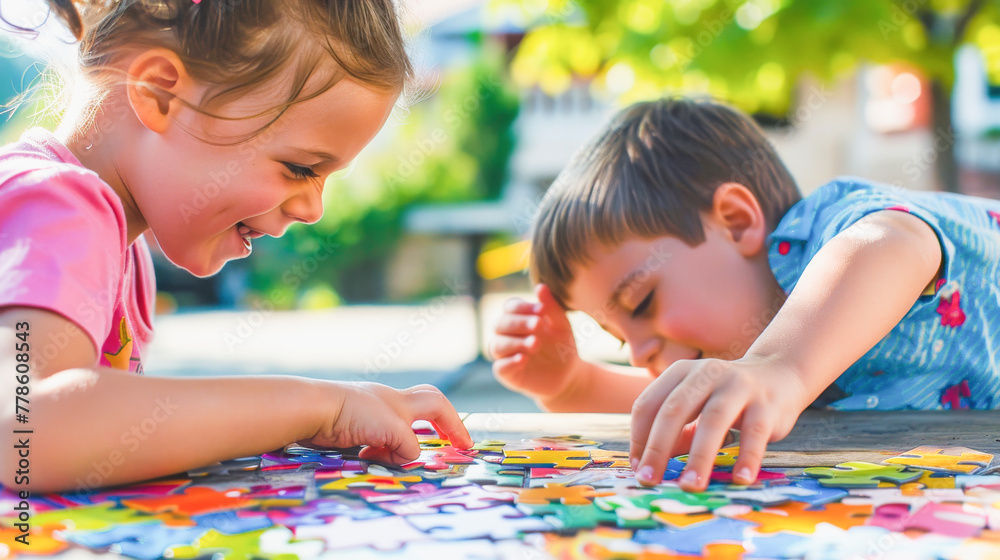 Two young children engaged in assembling a colorful jigsaw puzzle together outdoors, enjoying a sunny day with joy and concentration. Two young children engaged in assembling a colorful jigsaw puzzle together outdoors, enjoying a sunny day with joy and concentration.