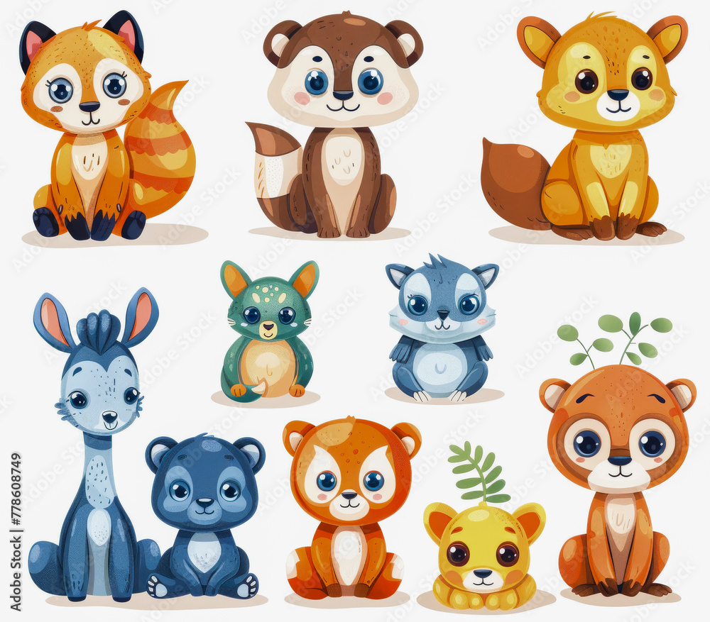 Set of cute cartoon animals including a raccoon, panda, fennec fox, and others, depicted in a whimsical, colorful style. Set of cute cartoon animals including a raccoon, panda, fennec fox, and others, depicted in a whimsical, colorful style.
