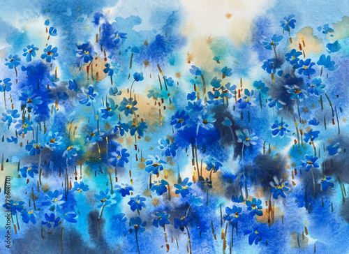 Blue spring flowers carpet abstract watercolor background