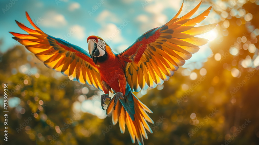 Macaw parrot flying on sunrise background Macaw parrot flying on sunrise background