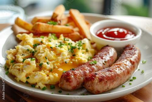breakfast set on white plate with sausages, scrambled egg, chips and ketchup