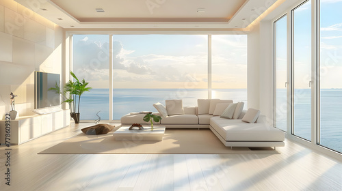 A living room with a large window showcasing a breathtaking ocean view. © javu
