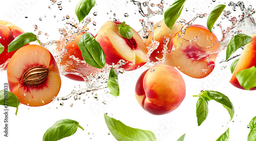 Falling fresh peaches and basil leaves isolated on white background photo