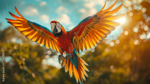 Macaw parrot flying on sunrise background #778609335