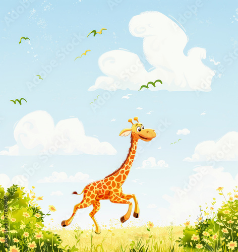 Illustration of a cheerful giraffe running through a sunny meadow with flowers  under a blue sky with fluffy white clouds.