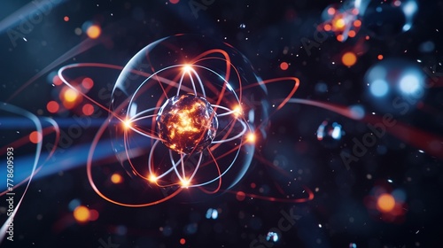 Concept of a close-up image of an atom model for nuclear energy. Sci-fi color background. Generative AI